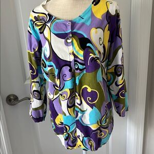 August Silk Button Down Cardigan Purple Yellow Abstract Floral 3/4 Sleeve SZ 1X